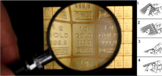 Aranytábla befektetési aranyrúd, grammonként törhető tábla nagyítóval, magyarázó ábrákkal