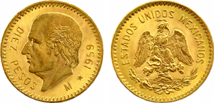 10 pesos mexikói aranyérme elő- és hátlap