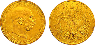 Ferenc József 20 korona aranyérme osztrák veret elő- és hátlap