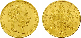 Ferenc József 8 forint - 20 frank eredeti aranyérme elő- és hátlap