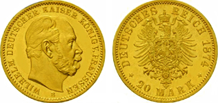 I. Volmos porosz király és német császár 20 márka aranyérme elő- és hátlap