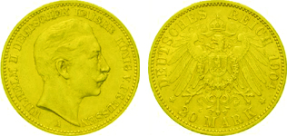 II. Vilmos porosz király és német császár 20 márka aranyérme elő- és hátlap