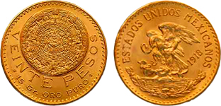 20 pesos mexikói aranyérme elő- és hátlap