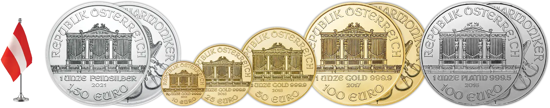 Bécsi Filharmonikus érmesor - 1 uncia ezüst érme, arany érme 1 unciától tized unciáig