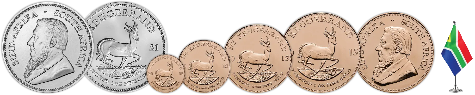 Dél-afrikai Krugerrand érmesor - 1 uncia ezüst érme, arany érme 1 unciától tized unciáig
