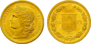 20 frank Helvetia svájci aranyérme elő- és hátlap