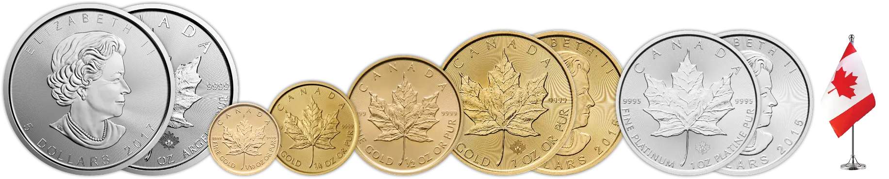 Kanadai juharlevél érmesor - 1 uncia ezüst érme, arany érme 1 unciától tized unciáig