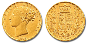 Viktória brit királynő fiatalkori arany sovereign érme elő- és hátlap