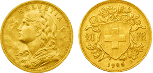 20 frank Vreneli svájci aranyérme elő- és hátlap